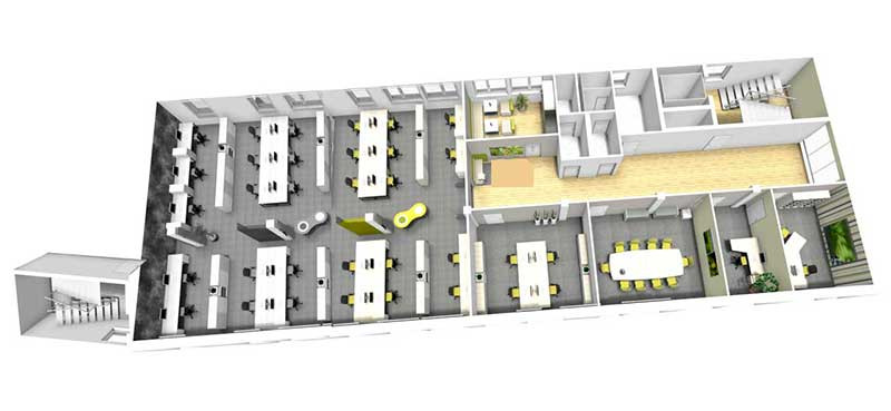 Beispiel: Multispace-Büro als Kombination unterschiedlicher Bürofromen
