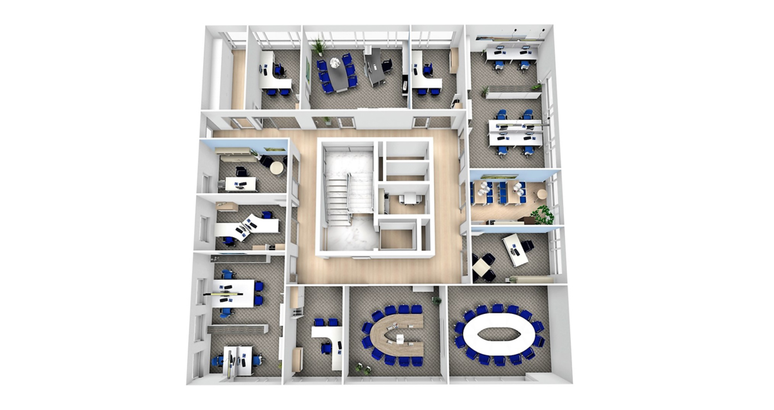 Floor plan with cellular structure: Layout including individual and multi-person offices as well as me