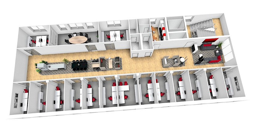 Grundriss eines Kombibüros mit einzelnen Büro- und Besprechungszellen sowie einer Gemeinschaftszone in der Mitte der Büroetage Grundriss eines Kombibüros mit einzelnen Büro- und Besprechungszellen sowie einer Gemeinschaftszone in der Mitte der Büroetage