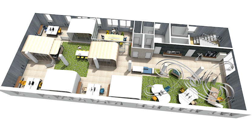 Exemplarischer Grundriss eines Open Space Büros mit integrierten Büro- und Besprechungskabinen Exemplarischer Grundriss eines Open Space Büros mit integrierten Büro- und Besprechungskabinen