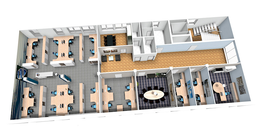 Planungsbeispiel mit Schwerpunkt bei einem großen Gruppenbüro in Kombination mit kleineren Büroeinheiten Planungsbeispiel mit Schwerpunkt bei einem großen Gruppenbüro in Kombination mit kleineren Büroeinheiten