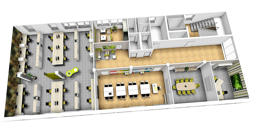 Planungsbeispiel mit einem Gruppenbüro und einem kombinierten Schulungs- und Workshopbereich Planungsbeispiel mit einem Gruppenbüro und einem kombinierten Schulungs- und Workshopbereich
