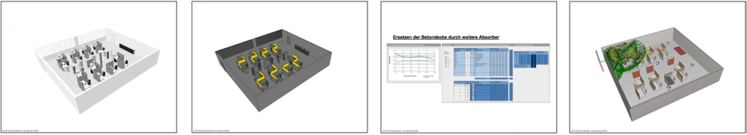 Bilder von links nach rechts: 1. Ausweis der akustisch wirksamen Flächen, 2. Visualisierung der absorbierenden Flächen nach Oktaven, 3. Import von Flächendaten (Größe und Absorptionseigenschaften) in das Excel-Tool zur überschlägigen Ermittlung der Nachha Bilder von links nach rechts: 1. Ausweis der akustisch wirksamen Flächen, 2. Visualisierung der absorbierenden Flächen nach Oktaven, 3. Import von Flächendaten (Größe und Absorptionseigenschaften) in das Excel-Tool zur überschlägigen Ermittlung der Nachha