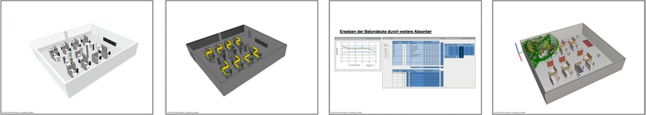 Bilder von links nach rechts: 1. Ausweis der akustisch wirksamen Flächen, 2. Visualisierung der absorbierenden Flächen nach Oktaven, 3. Import von Flächendaten (Größe und Absorptionseigenschaften) in das Excel-Tool zur überschlägigen Ermittlung der Nachha Bilder von links nach rechts: 1. Ausweis der akustisch wirksamen Flächen, 2. Visualisierung der absorbierenden Flächen nach Oktaven, 3. Import von Flächendaten (Größe und Absorptionseigenschaften) in das Excel-Tool zur überschlägigen Ermittlung der Nachha