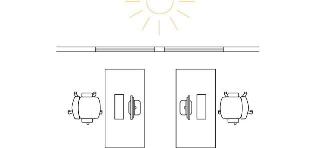 To avoid glare: Always position the desk sideways to the window. To avoid glare: Always position the desk sideways to the window.