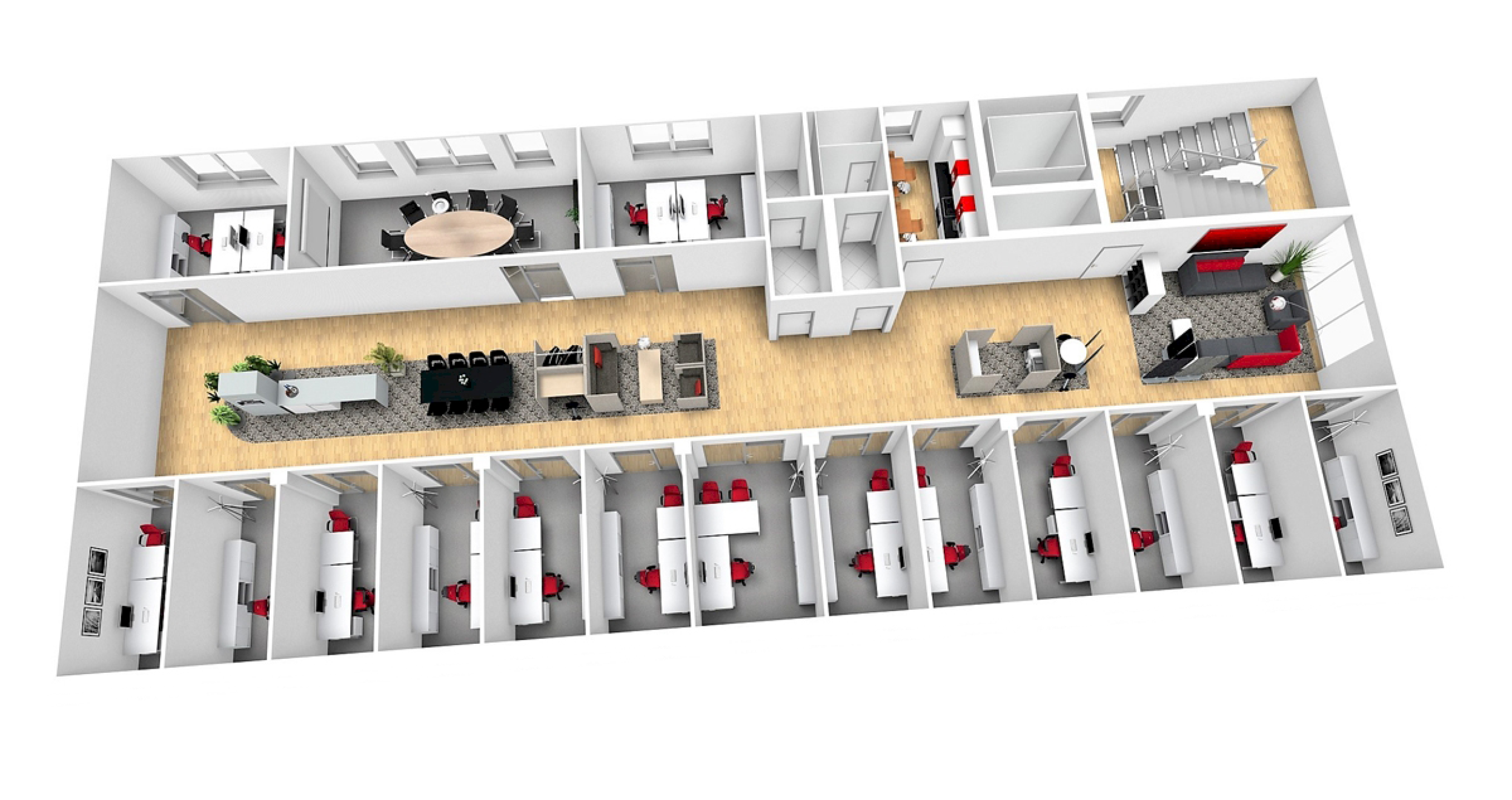 Floor plan of a combi office featuring individual work and meeting rooms, with a shared zone at the centre of the office floor