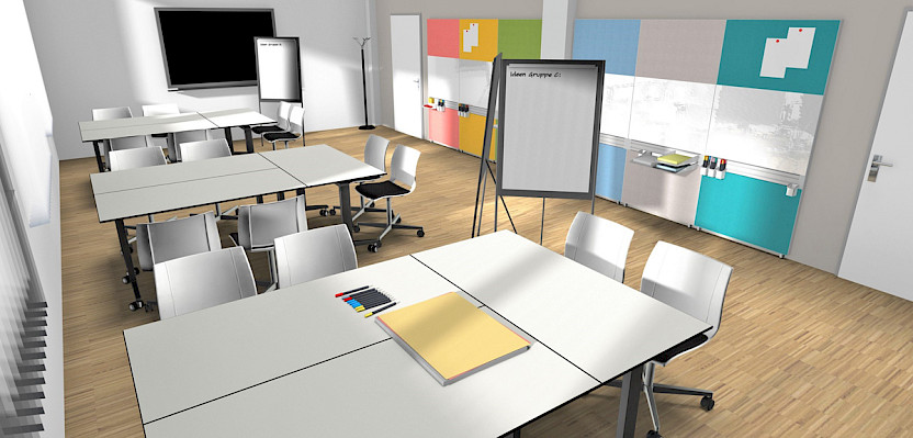 To collect and visualise ideas, large whiteboards, pinboards or interactive screens can be used, for example. To collect and visualise ideas, large whiteboards, pinboards or interactive screens can be used, for example.