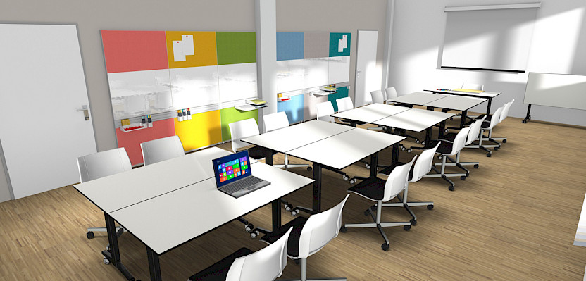 Flexible furnishings allow easy adaptation to different forms of project work. Flexible furnishings allow easy adaptation to different forms of project work.