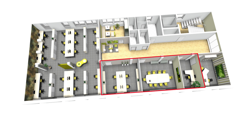 Initial situation: The meeting room, a private office and a team office are to be repurposed. Initial situation: The meeting room, a private office and a team office are to be repurposed.