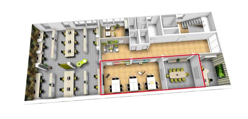 With furniture on castors, it can also be used as a training or co-working area. With furniture on castors, it can also be used as a training or co-working area.