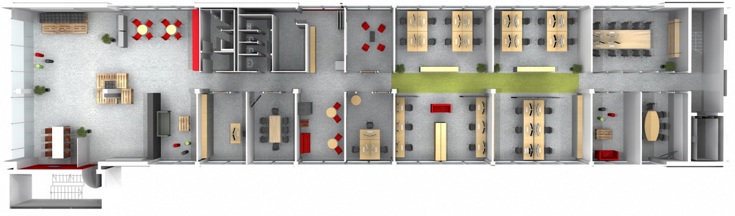 Visualisierungsplan des Pilotprojekts mit acht Funktionsbereichen und Fokus-Boxen für „Collaboration“, „Visitor“, „Private phone“, „Quick Decision“, „Feed back“, „Home Base“ „Flexibility“ und „Library“. Abb. SMA